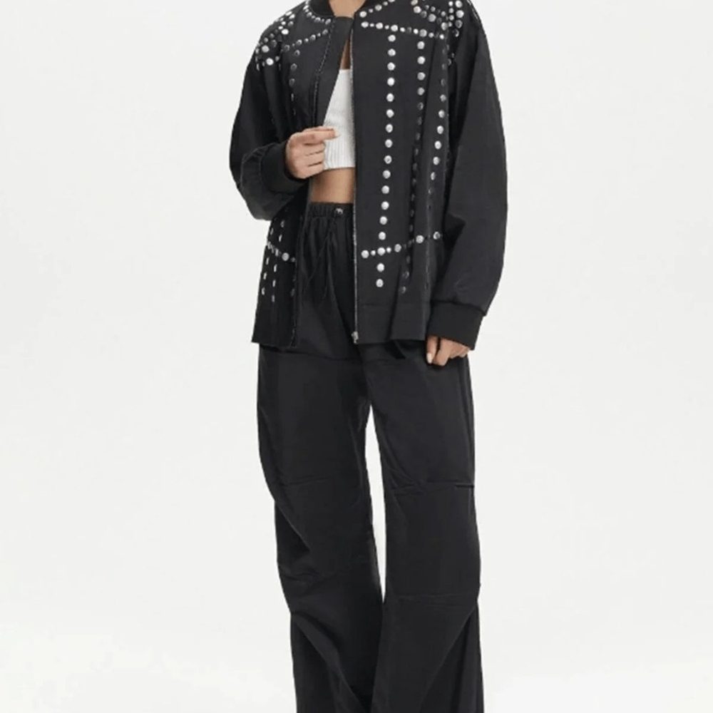 Elegant Studded Black Bomber Jacket - Picture 3 of 5